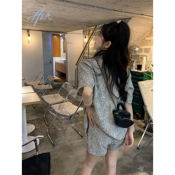 Bộ Áo Khoác Tay Ngắn Dáng Rộng Họa Tiết Kẻ Sọc + Quần Short Dáng Rộng Thời Trang Mùa Hè Cho Nữ