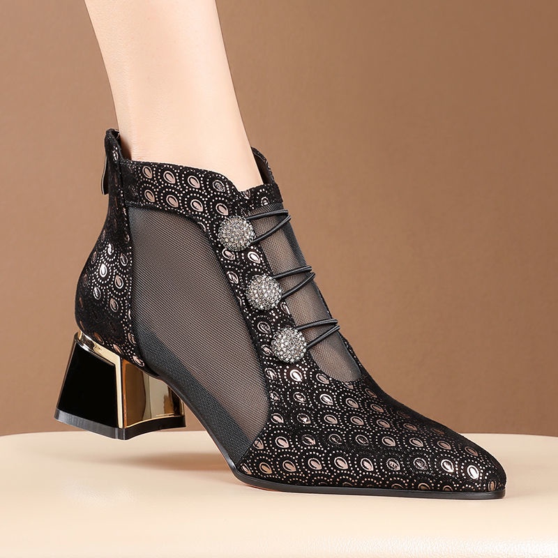 Giày Sandal Cao Gót Da Mềm Phối Lưới Thời Trang Mùa Hè Cho Nữ