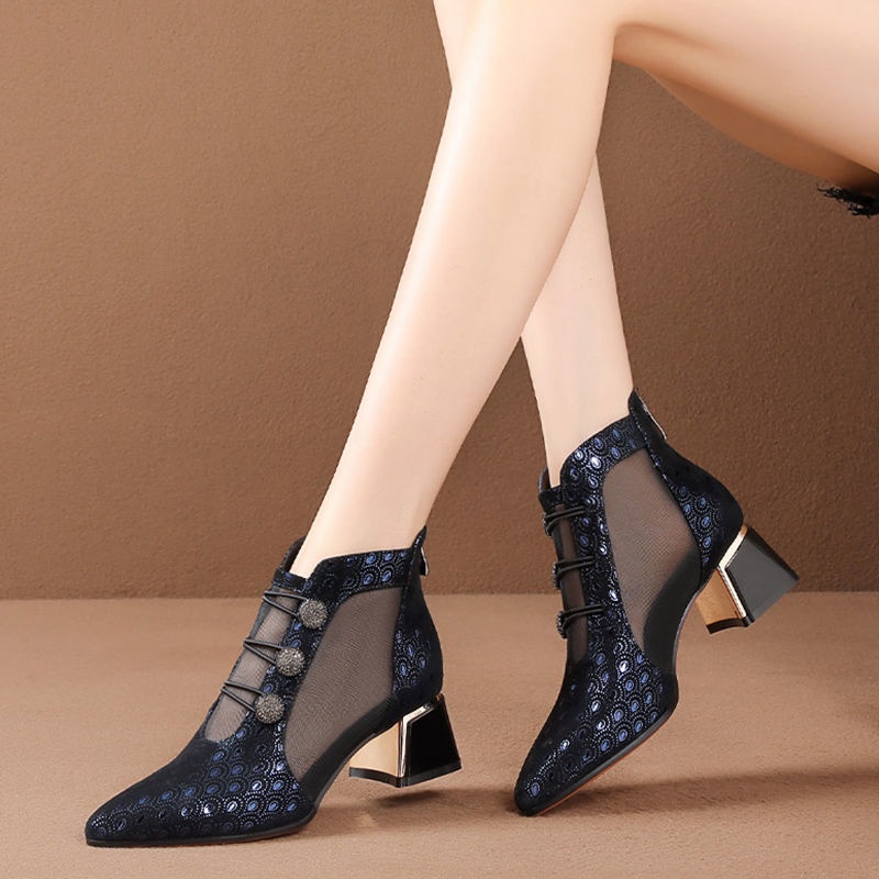 Giày Sandal Cao Gót Da Mềm Phối Lưới Thời Trang Mùa Hè Cho Nữ