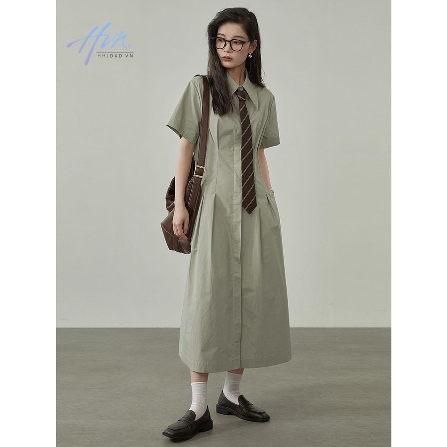 Đầm Dài Dáng Chữ A Cổ Bẻ Cài Nút Nhấn Eo Thời Trang Mùa Hè Hàn Quốc 2023 Cho Nữ