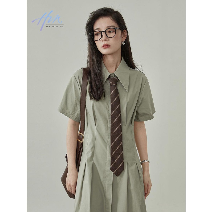 Đầm Dài Dáng Chữ A Cổ Bẻ Cài Nút Nhấn Eo Thời Trang Mùa Hè Hàn Quốc 2023 Cho Nữ