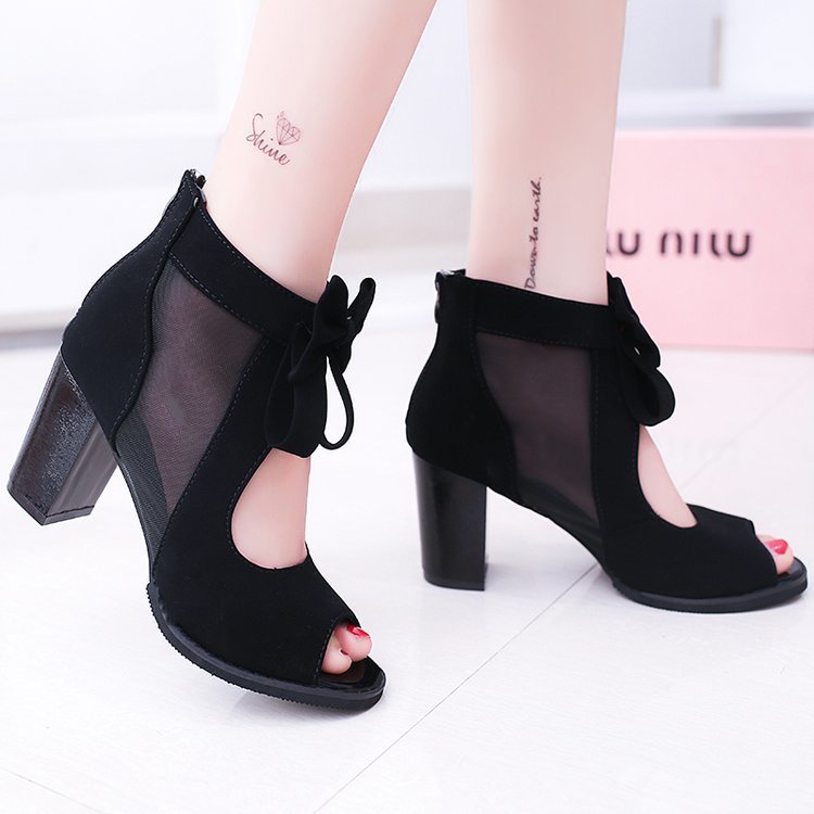 [Wenzhou Hàng Giao Hàng Nhanh] Sandal Cao Gót Hở Mũi Thắt Nút Phối Lưới Màu Đen Dành Cho Nữ