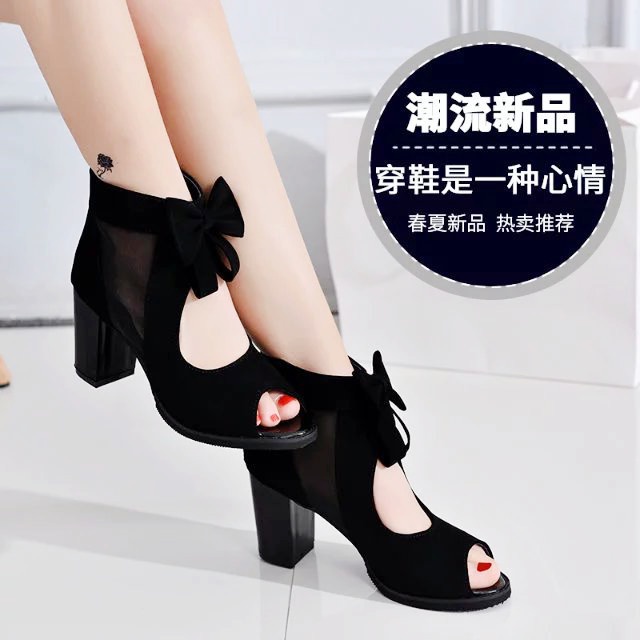 [Wenzhou Hàng Giao Hàng Nhanh] Sandal Cao Gót Hở Mũi Thắt Nút Phối Lưới Màu Đen Dành Cho Nữ