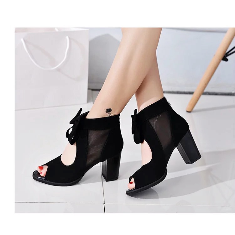 [Wenzhou Hàng Giao Hàng Nhanh] Sandal Cao Gót Hở Mũi Thắt Nút Phối Lưới Màu Đen Dành Cho Nữ