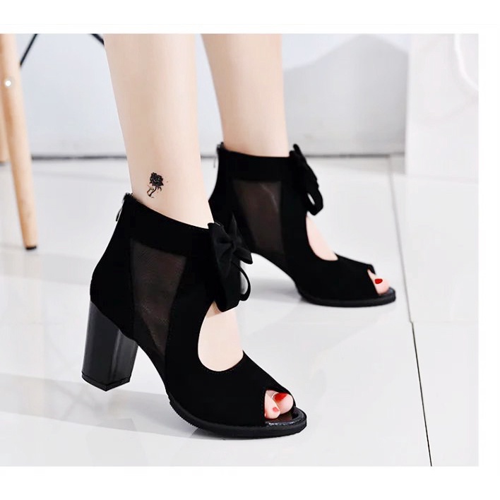 [Wenzhou Hàng Giao Hàng Nhanh] Sandal Cao Gót Hở Mũi Thắt Nút Phối Lưới Màu Đen Dành Cho Nữ