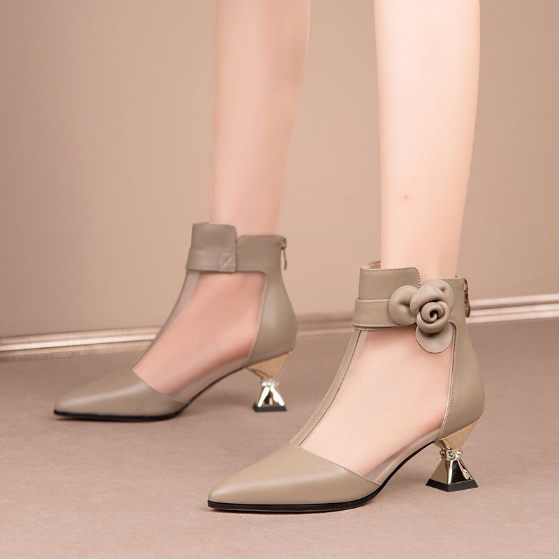 Giày Bốt Da Cao Gót Phối Lưới Xuyên Thấu Thời Trang Xuân 2023 Cá Tính Cho Nữ