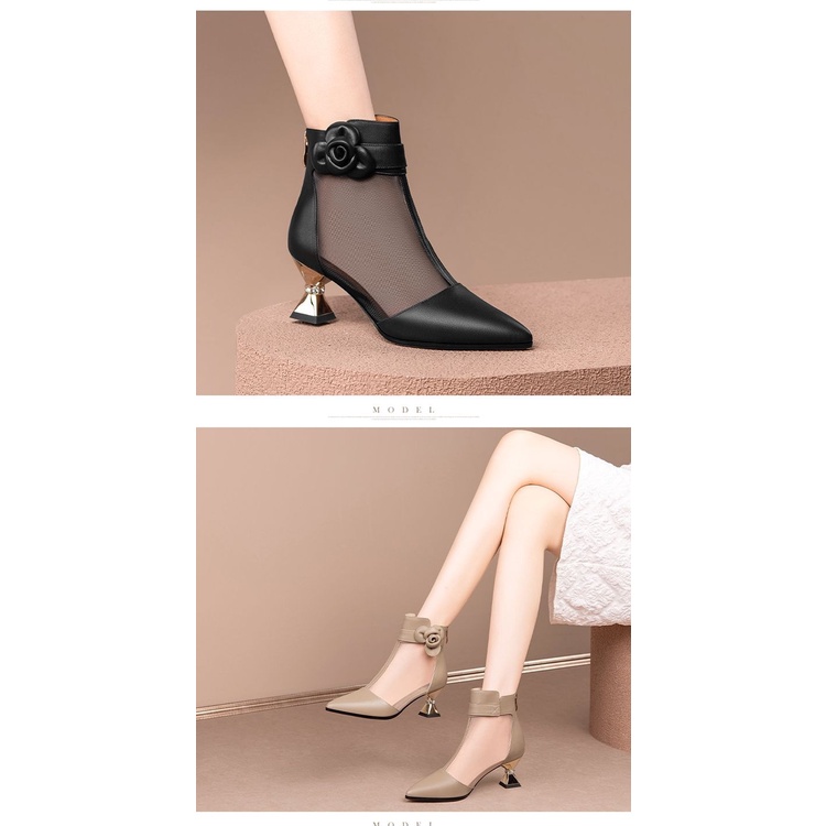 Giày Bốt Da Cao Gót Phối Lưới Xuyên Thấu Thời Trang Xuân 2023 Cá Tính Cho Nữ