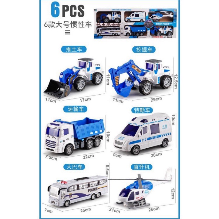 Set 6 xe đồ chơi cho bé, xe ô tô cho bé, xe công trình, cứu hoả, cảnh sát, quân sự SIZE TO