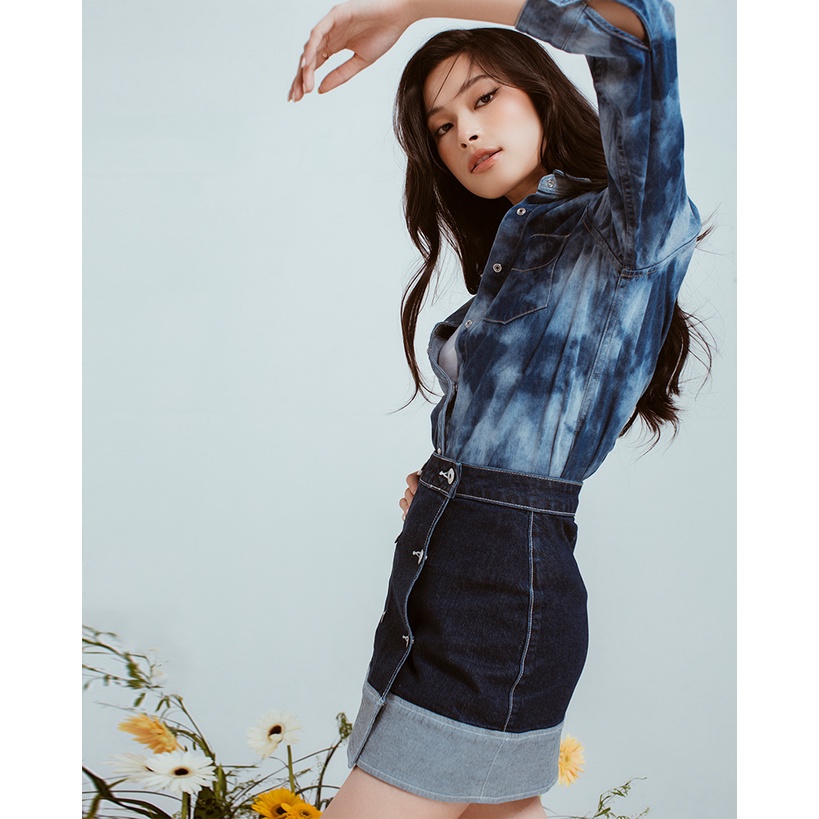 Chân Váy Chữ A Denim Gấp Lai. Denim Wrap Skirt - 122WD1111F1990