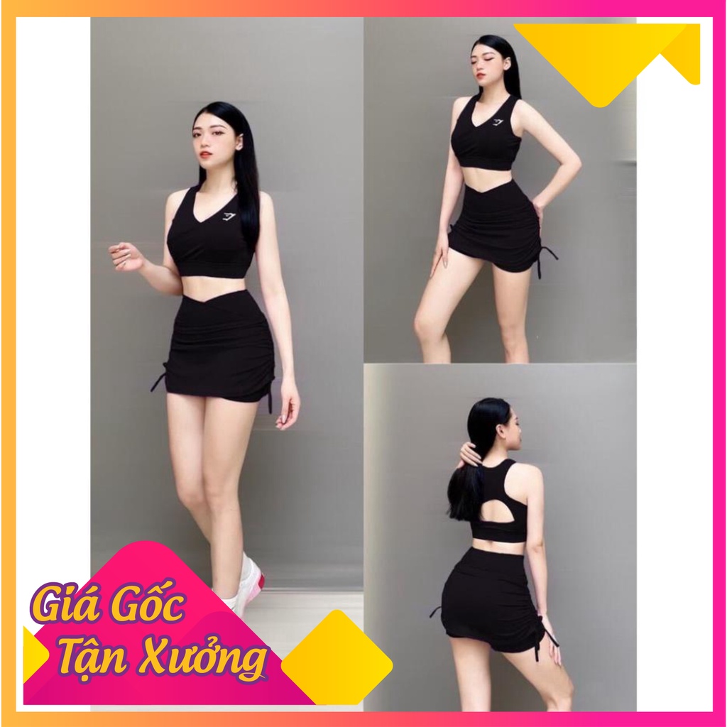 Đồ tập gym nữ, quần áo tập yoga erobic, đồ thể thao nữ, bộ chân váy, áo bra phối màu có mút - Hack dáng nóng bỏng