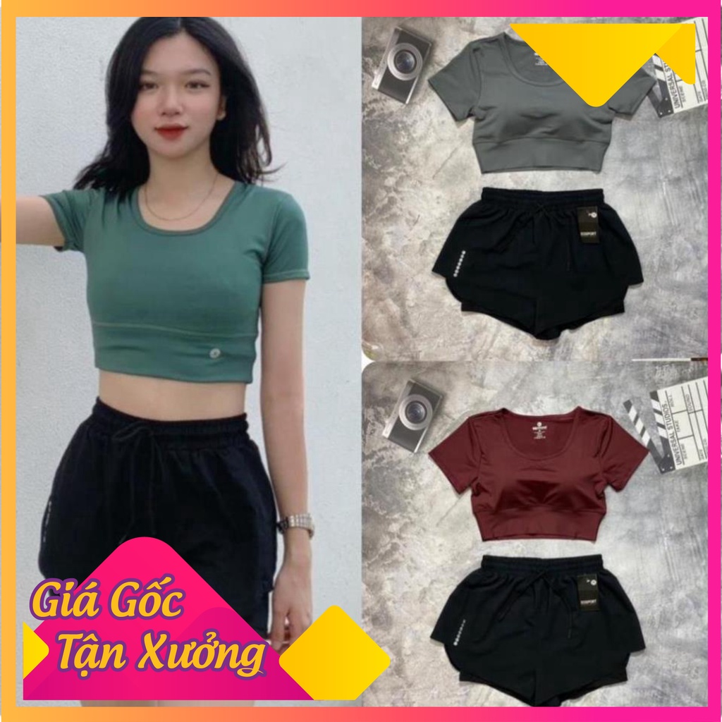 Bộ quần áo tâp gym yoga erobic nữ áo croptop -Bra cộc tay kết hợp quần đùi 2 lớp Vải đẹp và thấm mồ hôi tốt lắm