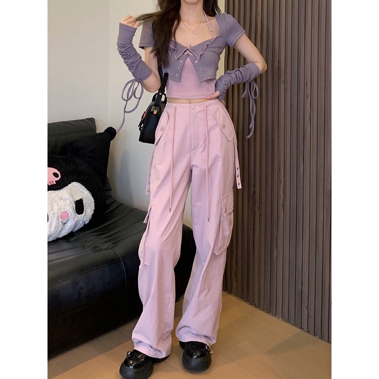 Jiashucheng Áo Thun Ngắn Tay Phối Áo Khoác Cardigan Hai Dây Thời Trang Mùa Hè Cho Nữ