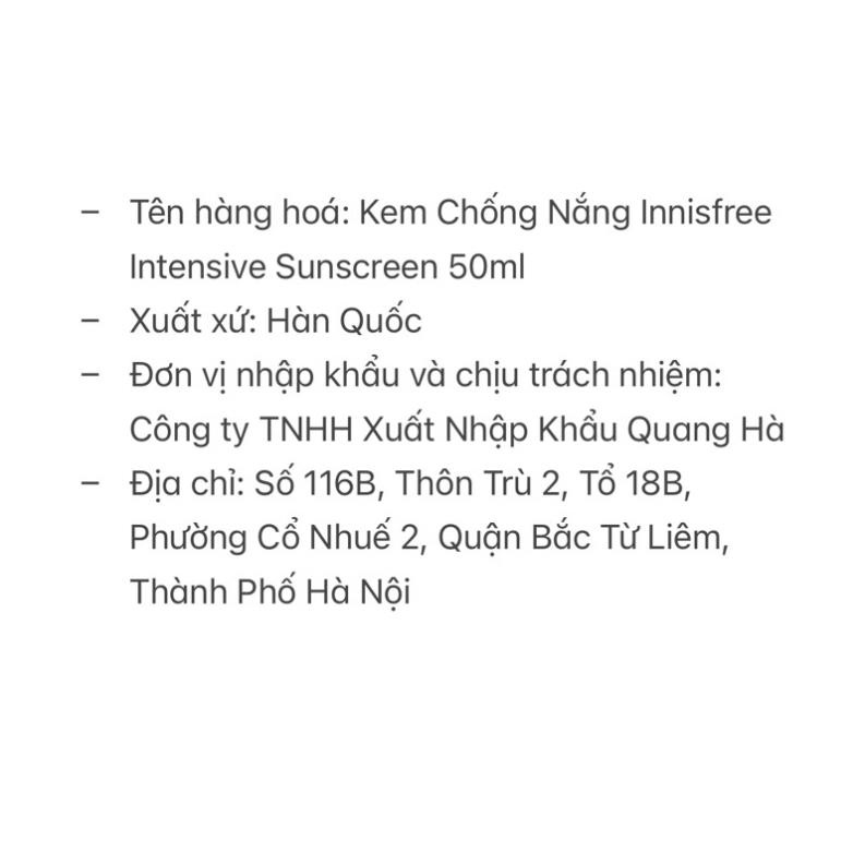 Kem Chống Nắng Innisfree Intensive Sunscreen SPF50 PA+ 50ml