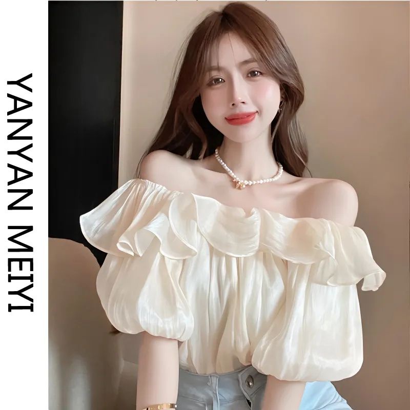 Jiashucheng Áo Sơ Mi Chiffon Trễ Vai Phối Bèo Ngọt Ngào Phong Cách Phương Tây Cho Nữ