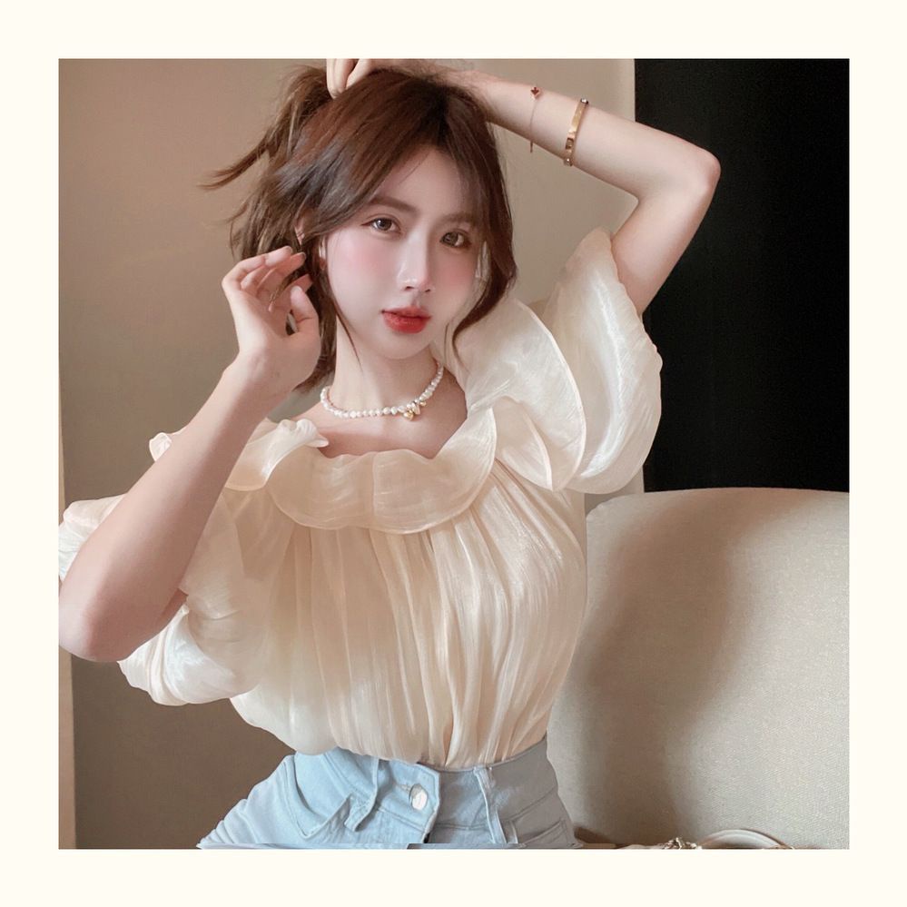 Jiashucheng Áo Sơ Mi Chiffon Trễ Vai Phối Bèo Ngọt Ngào Phong Cách Phương Tây Cho Nữ