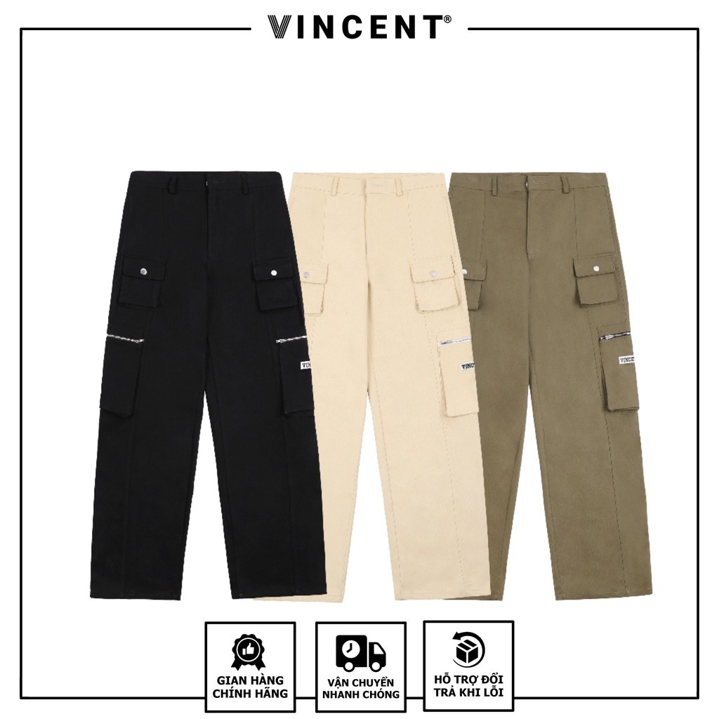 Quần Túi Hộp Vincent, Vải Kaki Cotton Đứng Phom, Dây Kéo Inox Màu Đen/Xanh Rêu/Kem