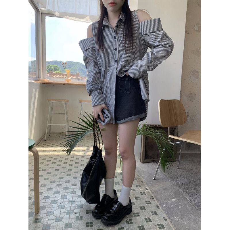 Jiashucheng Áo Kiểu Trễ Vai Dáng Rộng Vừa Phải Thiết Kế Đơn Giản