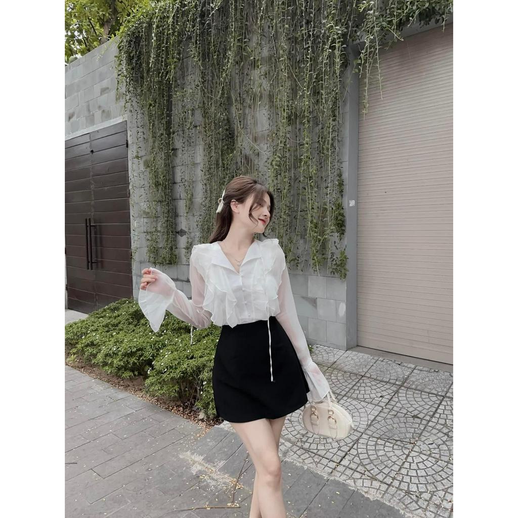 Set Áo Voan Bèo Dài Tay Phối Chân Váy Dễ Thương hàng Thiết Kế Chất Đẹp Cao Cấp