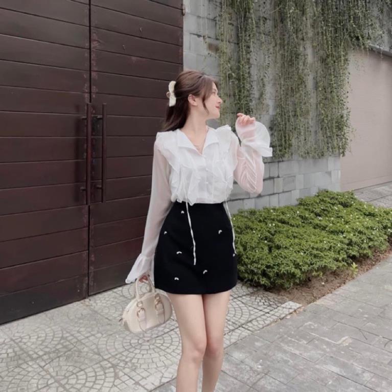 Set Áo Voan Bèo Dài Tay Phối Chân Váy Dễ Thương hàng Thiết Kế Chất Đẹp Cao Cấp
