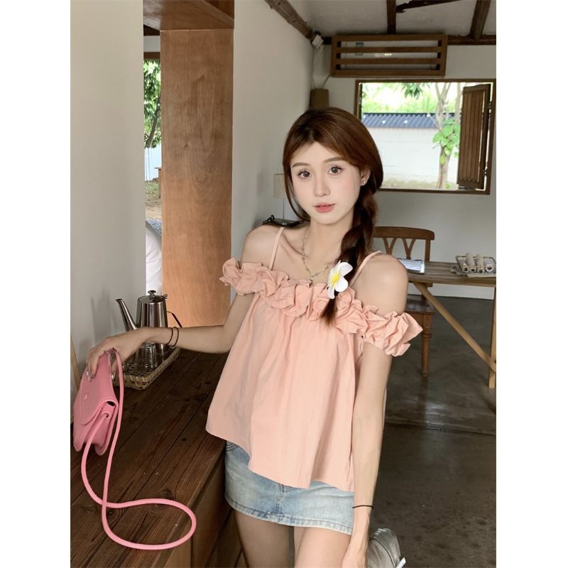Jiashucheng Áo Sơ Mi Ngắn Trễ Vai Phối Bèo Màu Hồng Nhẹ Nhàng Phong Cách Mới Mùa Hè Dành Cho Bạn Nữ