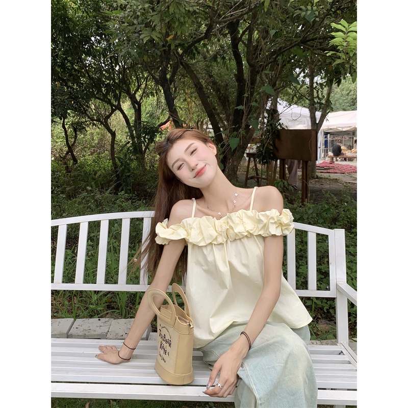 Jiashucheng Áo Sơ Mi Ngắn Trễ Vai Phối Bèo Màu Hồng Nhẹ Nhàng Phong Cách Mới Mùa Hè Dành Cho Bạn Nữ