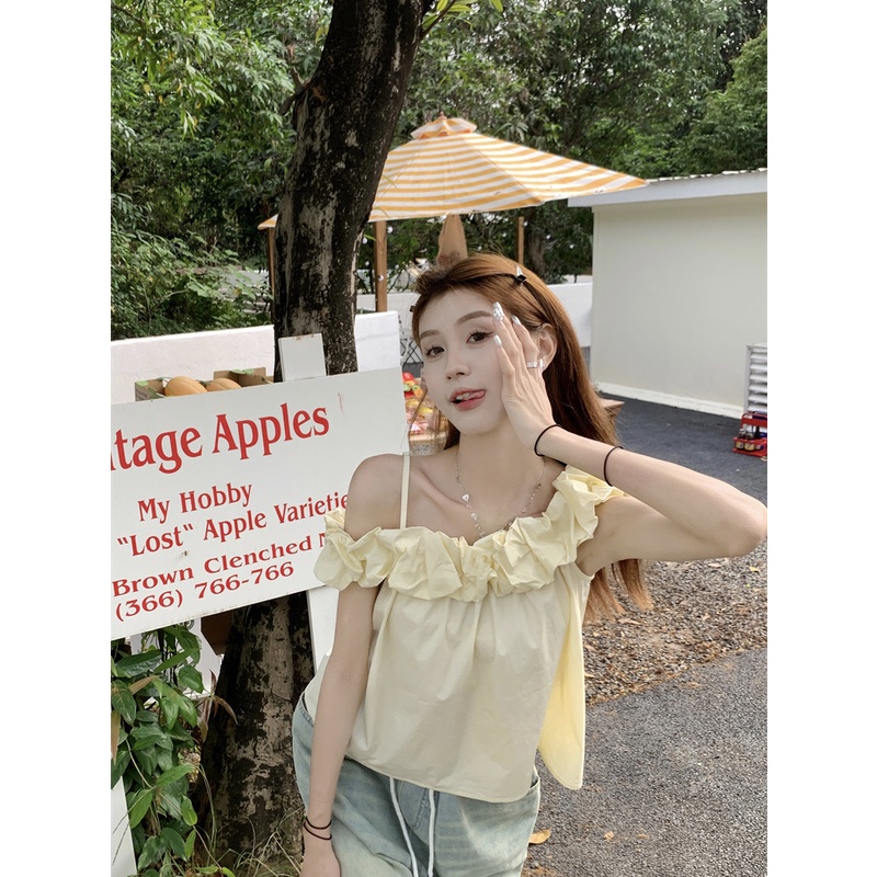 Jiashucheng Áo Sơ Mi Ngắn Trễ Vai Phối Bèo Màu Hồng Nhẹ Nhàng Phong Cách Mới Mùa Hè Dành Cho Bạn Nữ