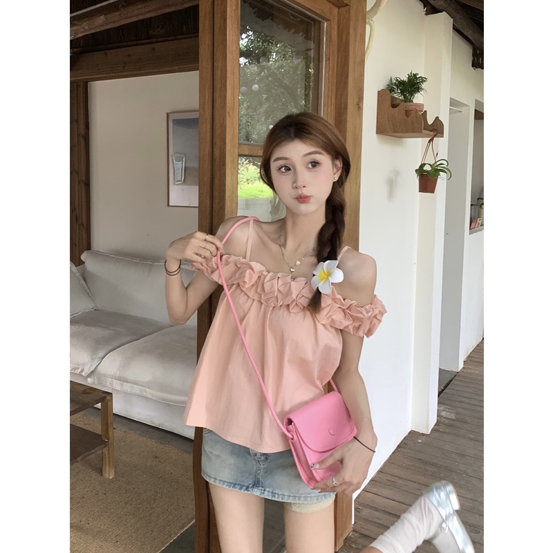 Jiashucheng Áo Sơ Mi Ngắn Trễ Vai Phối Bèo Màu Hồng Nhẹ Nhàng Phong Cách Mới Mùa Hè Dành Cho Bạn Nữ