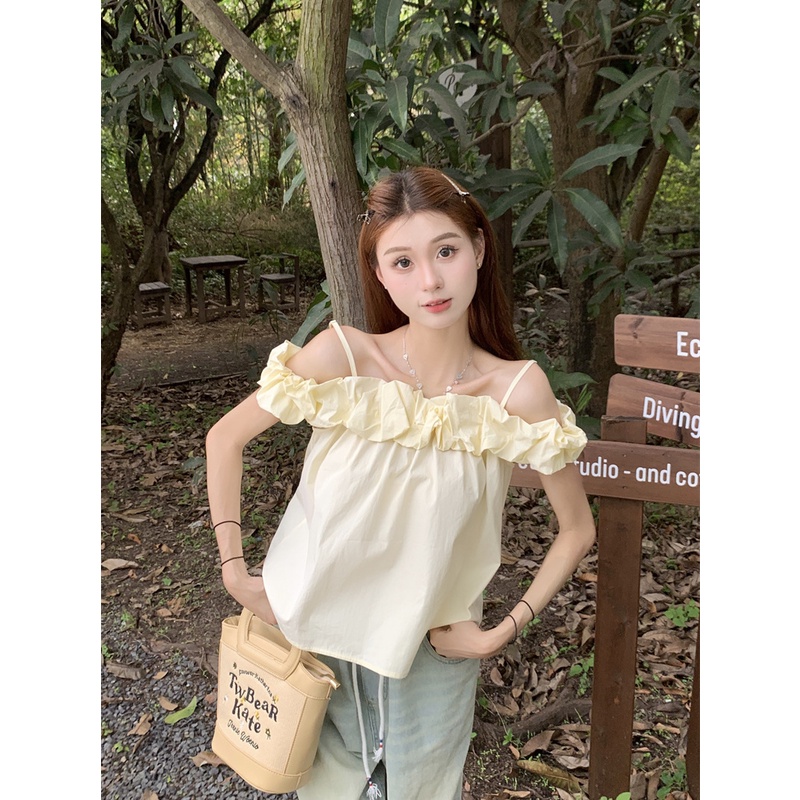 Jiashucheng Áo Sơ Mi Ngắn Trễ Vai Phối Bèo Màu Hồng Nhẹ Nhàng Phong Cách Mới Mùa Hè Dành Cho Bạn Nữ