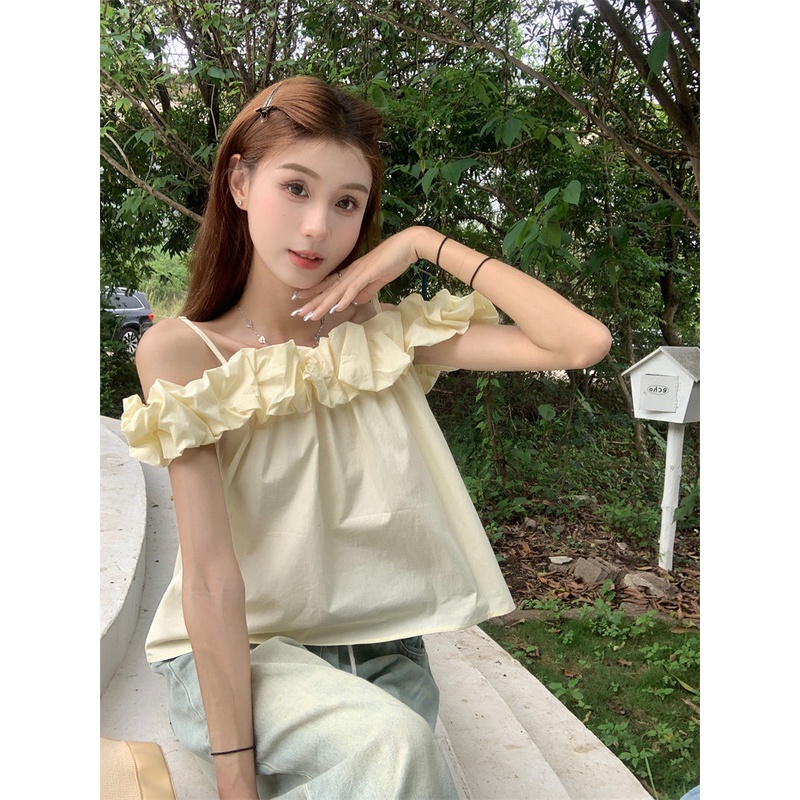 Jiashucheng Áo Sơ Mi Ngắn Trễ Vai Phối Bèo Màu Hồng Nhẹ Nhàng Phong Cách Mới Mùa Hè Dành Cho Bạn Nữ