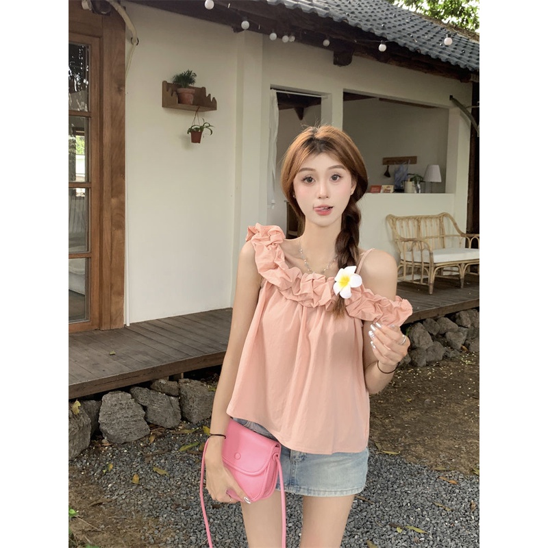 Jiashucheng Áo Sơ Mi Ngắn Trễ Vai Phối Bèo Màu Hồng Nhẹ Nhàng Phong Cách Mới Mùa Hè Dành Cho Bạn Nữ