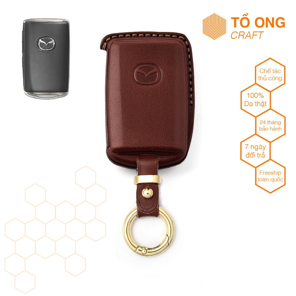 Bao Da Chìa Khóa Ô tô Mazda nút bấm sườn, Da Thật Làm Thủ Công Bảo hành 12 tháng, Bao Khóa Smartkey