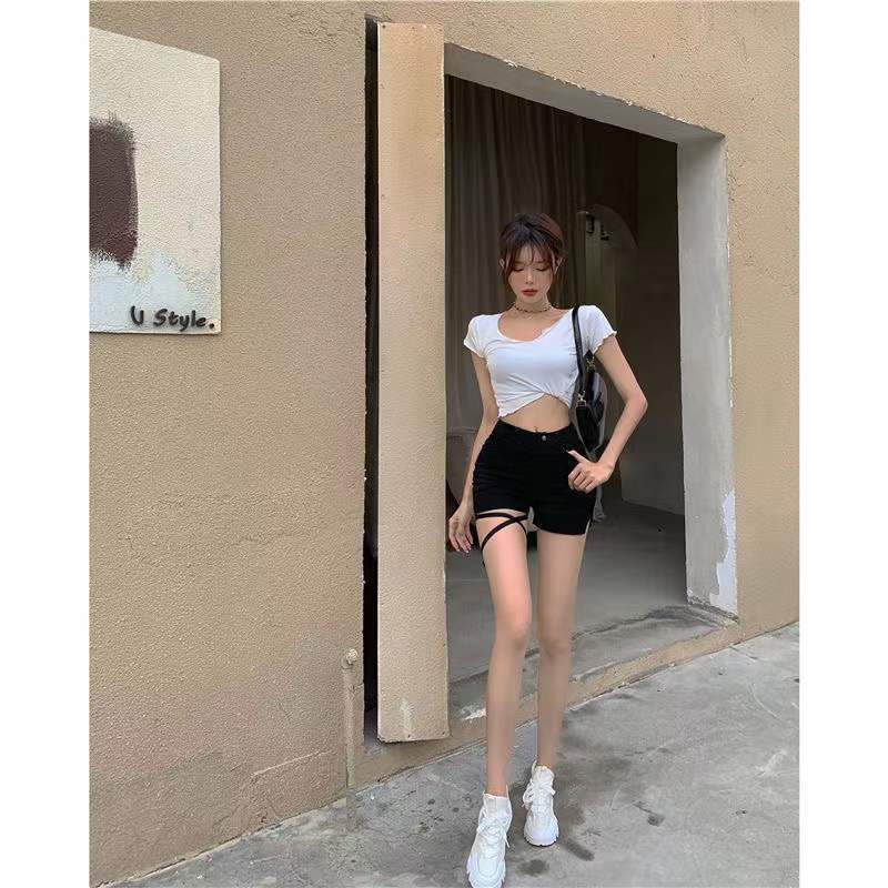 Jiashucheng Quần Short Jean Lưng Cao Dáng Ôm Màu Đen Thời Trang Xuân Hè Cho Nữ