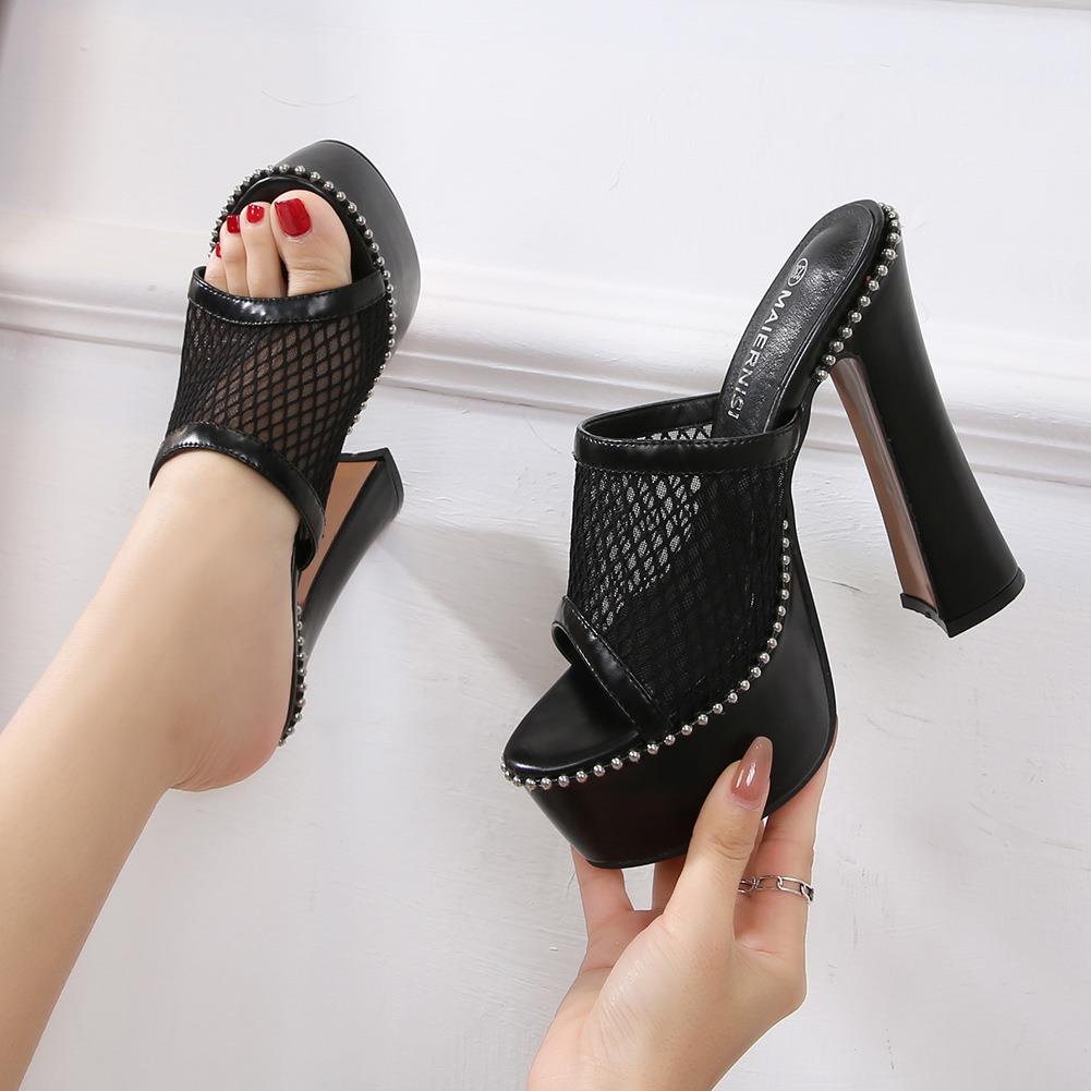Giày Cao Gót Đế Xuồng Phối Lưới Phong Cách Âu Mỹ Chống Thấm Nước size Lớn Thời Trang Cho Nữ