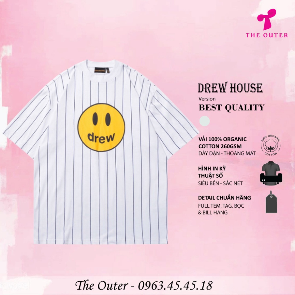 Drew House Áo Thun Cotton Nguyên Chất Hai Lớp Ngắn Tay In Hình Mặt Cười The Outer