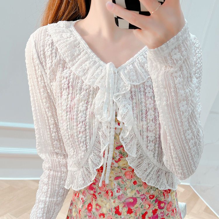 ✿ có hàng sẵn ✿ áo cardigan mỏng ✭Áo Khoác Cardigan Mỏng Dáng Ngắn Phối Ren Thời Trang Mùa Hè Cho Nữ❥