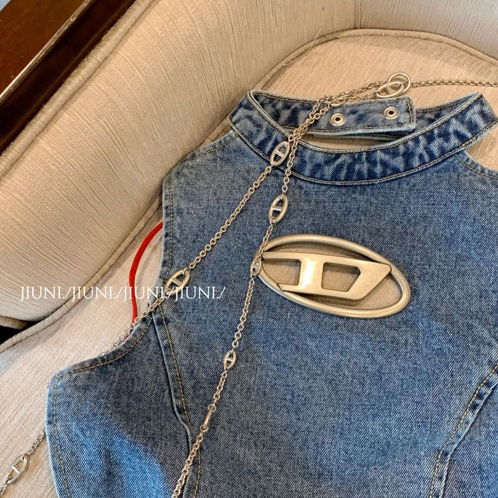 Áo Denim Sát Nách Hở Lưng Phong Cách Đường Phố Quyến Rũ Cho Nữ