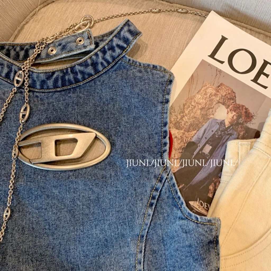 Áo Denim Sát Nách Hở Lưng Phong Cách Đường Phố Quyến Rũ Cho Nữ
