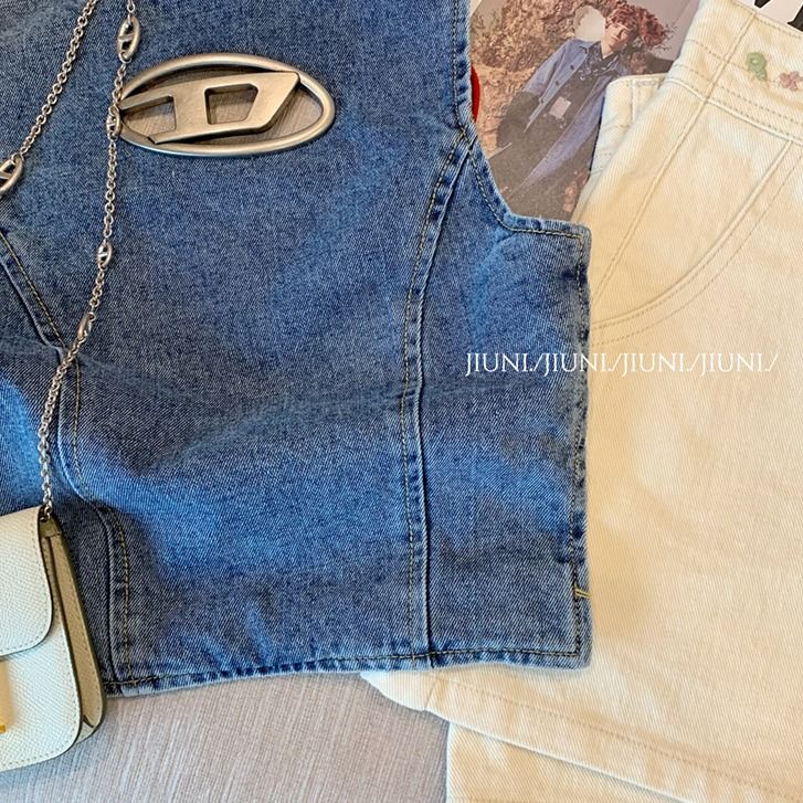 Áo Denim Sát Nách Hở Lưng Phong Cách Đường Phố Quyến Rũ Cho Nữ