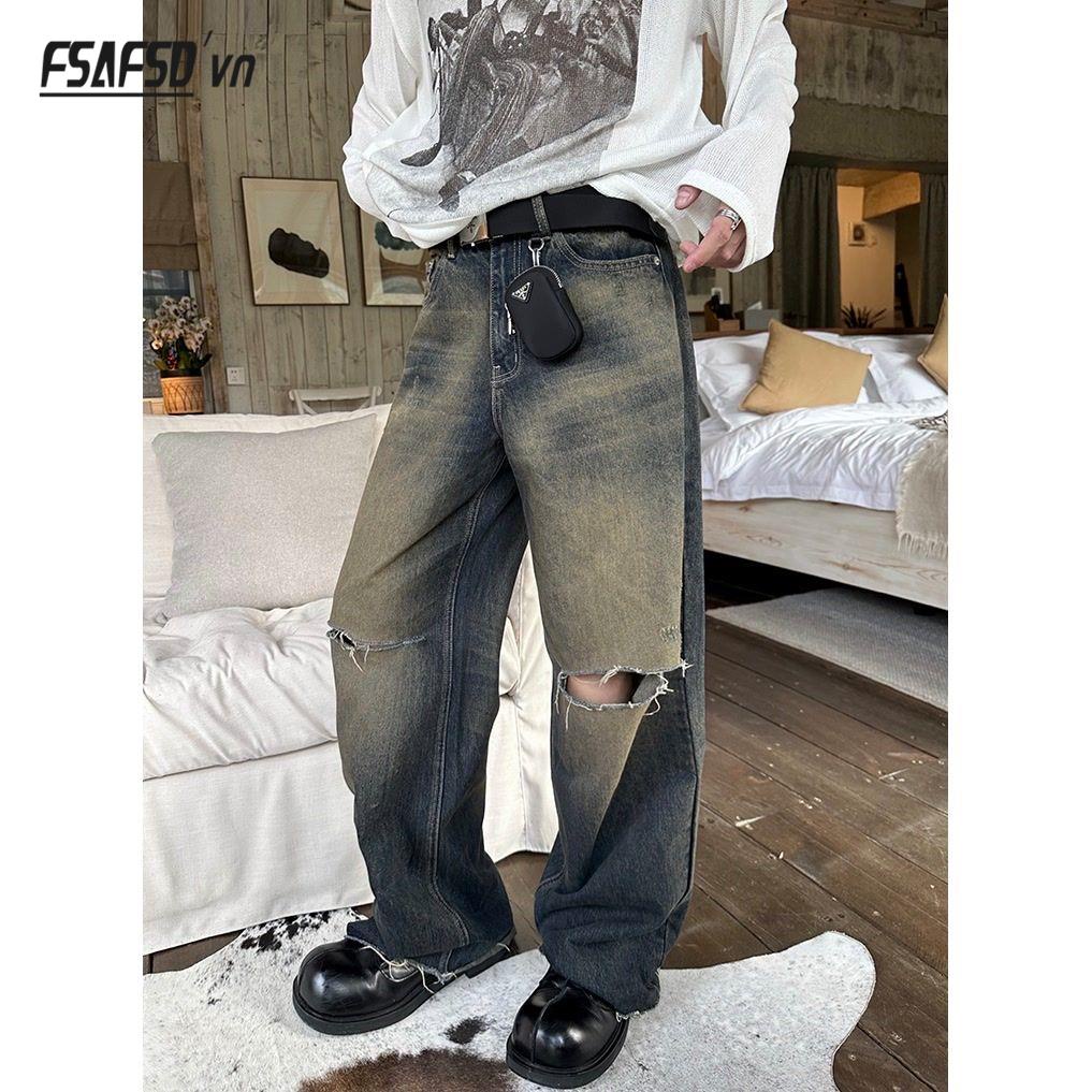 Quần Jean Ống Rộng Rách Màu Đất Phong Cách Retro Mỹ Mẫu Mới 2023