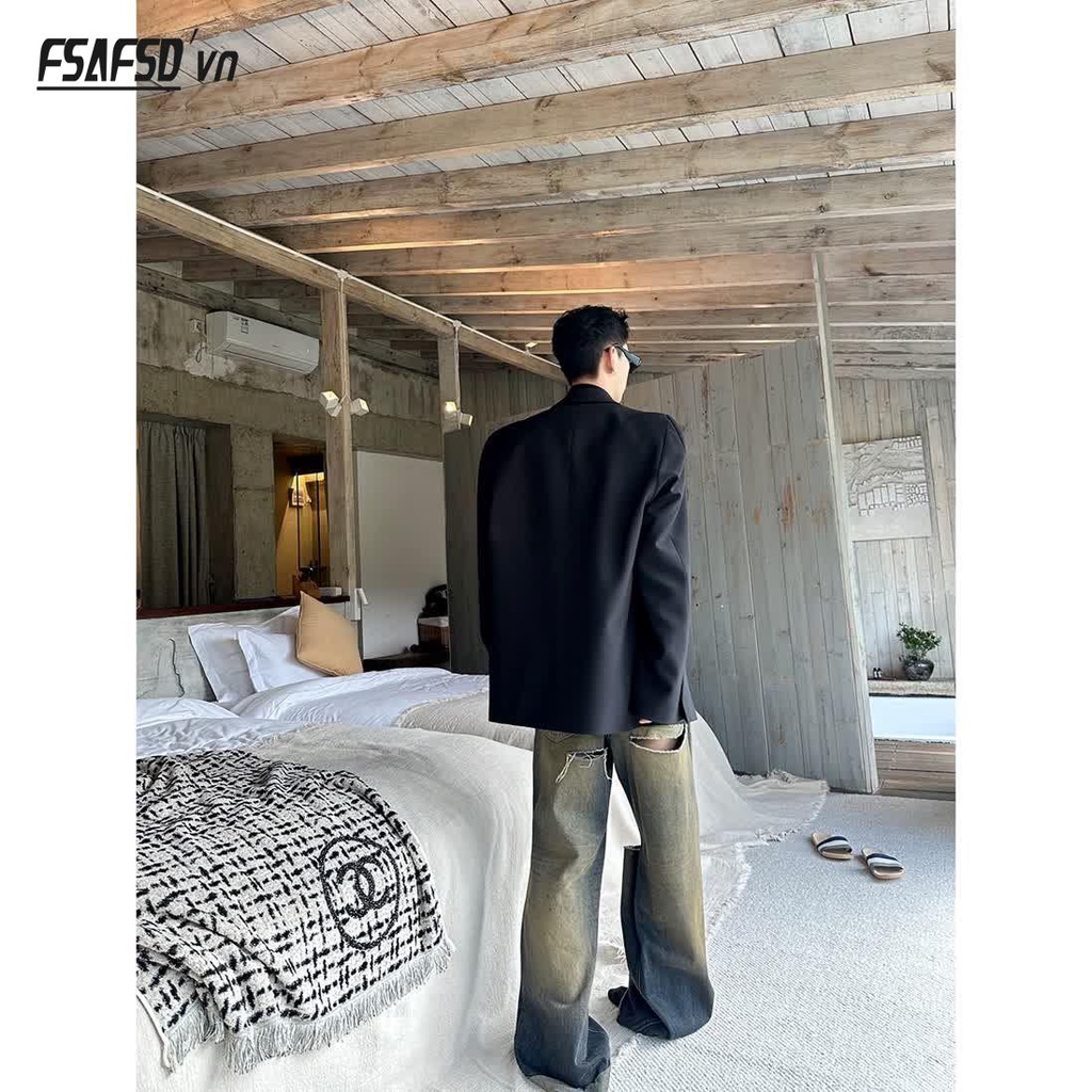 Quần Jean Ống Rộng Rách Màu Đất Phong Cách Retro Mỹ Mẫu Mới 2023