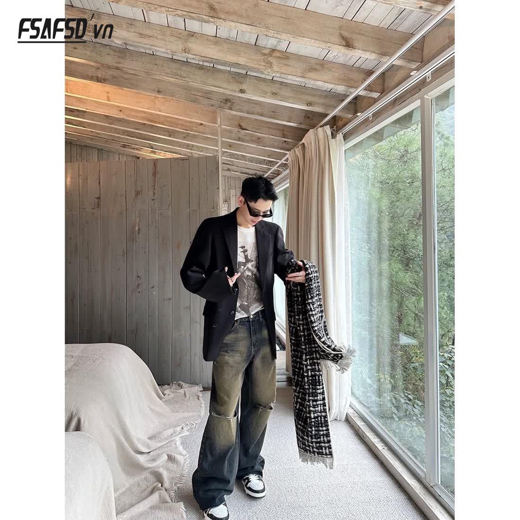 Quần Jean Ống Rộng Rách Màu Đất Phong Cách Retro Mỹ Mẫu Mới 2023