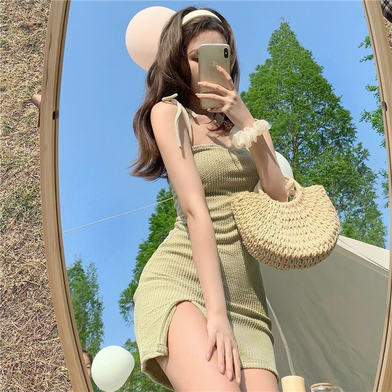 Jiashucheng Đầm Hai Dây Dáng Ôm Xẻ Tà Màu Xanh Lá Thời Trang Mùa Hè Hàng Mới Dành Cho Bạn Nữ