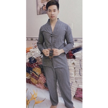 Đồ lam đi chùa nam cao cấp-Pháp phục đi chùa nam vải linen Quảng Châu dày đẹp đủ size