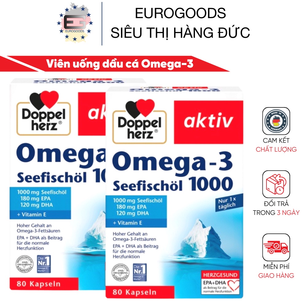 Bổ sung Omega 3 ⚡ CAM KẾT HÀNG CHUẨN ⚡ Viên uống dầu cá Omega-3  1000 Doppel herz Hộp 80v tăng cường trí nhớ, tập trung