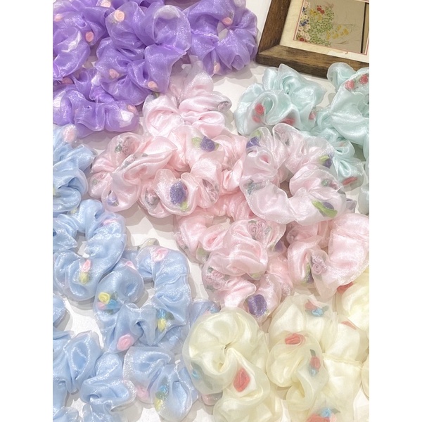 Scrunchies cột tóc voan phối hoa hồng màu pastel kẹo ngọt, phụ kiện tóc BOT DORIS