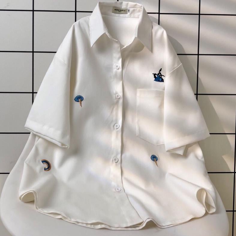 Áo Sơ Mi Tay Lỡ Unisex Form Rộng Nam Nữ Ulzzang Hình Thêu Chất Co Dãn Thoải Mái