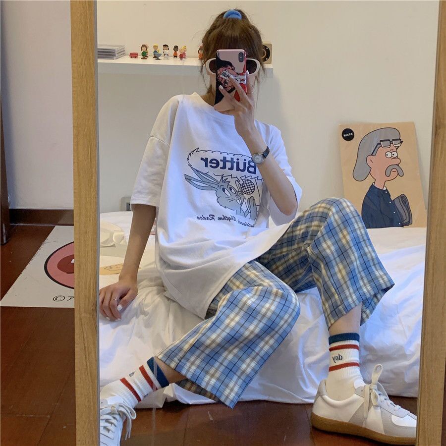 Jiashucheng Quần Ống Rộng Lưng Cao Họa Tiết Kẻ Sọc Phong Cách Hàn Quốc Thời Trang Mùa Hè Cho Nữ