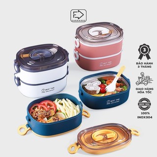 Hộp cơm giữ nhiệt BestTime 2 tầng hộp đựng cơm inox 304 cao cấp 1800ml có quai xách và thìa ăn tiện lợi, tặng Sticker