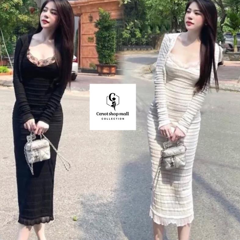 Set đầm maxy 2 dây phối ren kèm áo khoác lửng cardigan