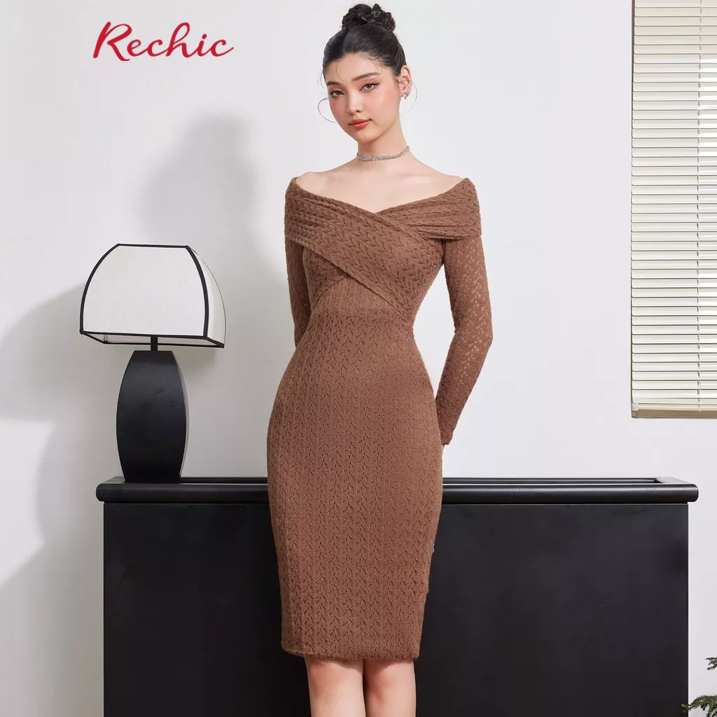 RECHIC Đầm Dài Nữ Ryan tay dài trễ vai chất thun ôm body tôn dáng thời thượng